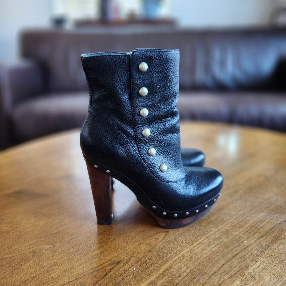 UGG Cosima Black Leather Platform Glog Heels 1001683 Ankle Boots